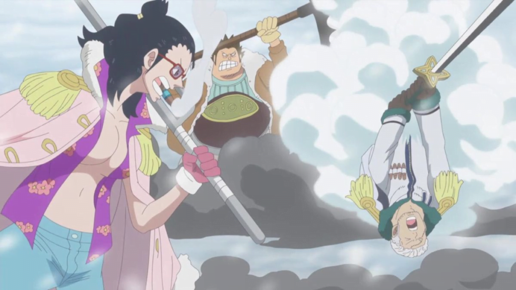 Tashigi com o Vice Almirante Smoker em corpos trocados - Foto do anime