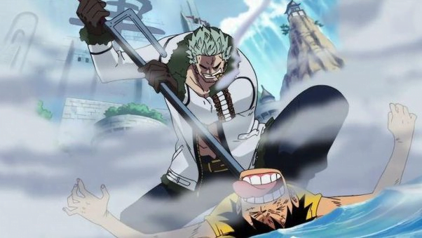Vice Almirante Smoker usando o Jitte no Luffy - Foto do anime One Piece