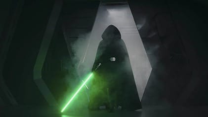 o que assistir antes de mandaloriano e grogu - cena de Luke Skywalker no corredor com lightsaber verde Temporada 2