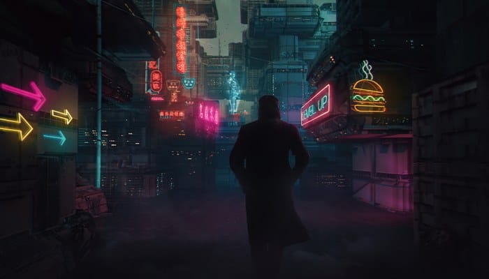 filmes cyberpunk - Blade Runner 2049 K na cidade neon