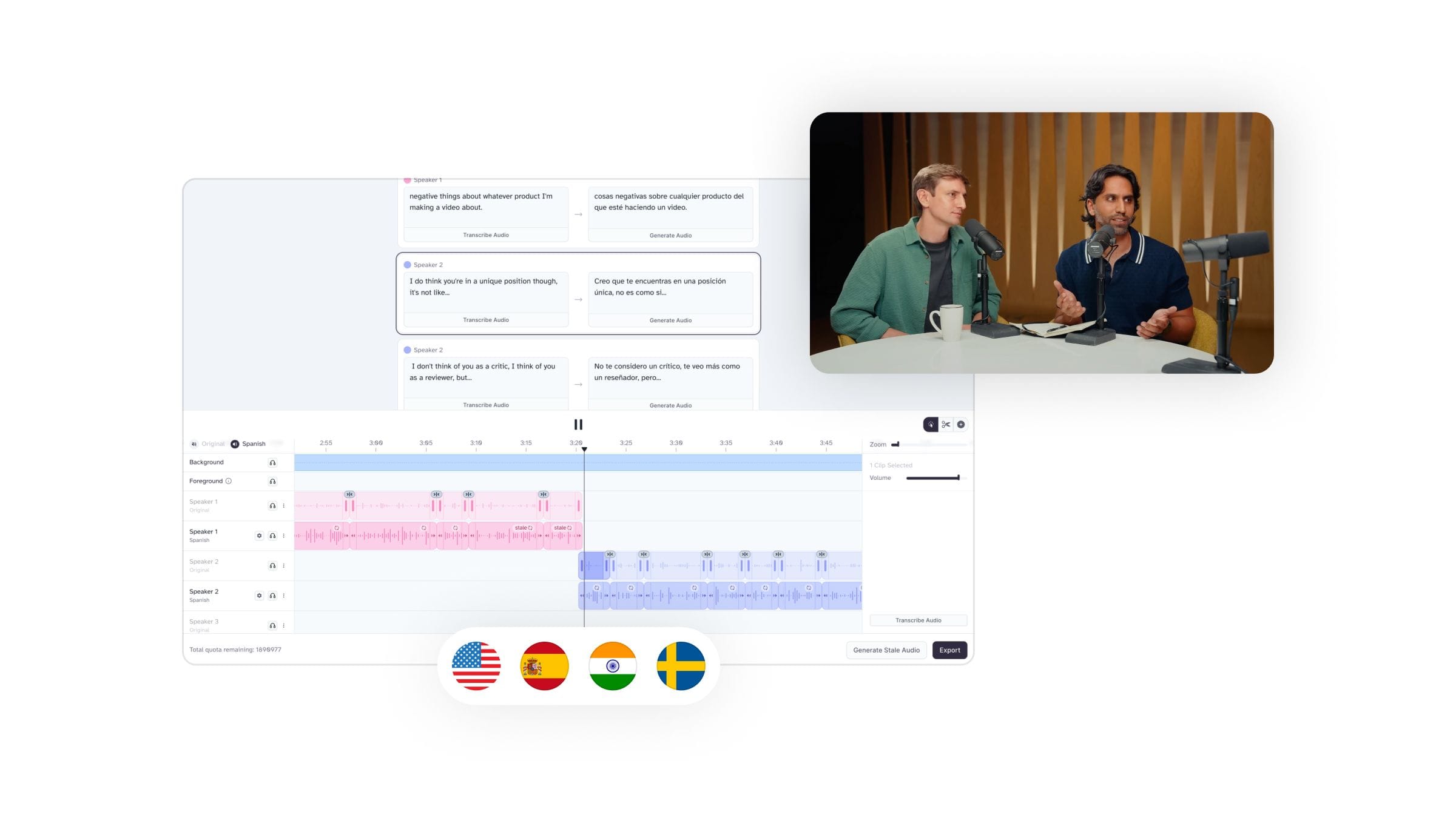 ias para dublar vídeos em português - ElevenLabs Dubbing Studio interface