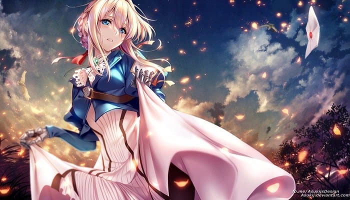 animes tristes para chorar - Violet Evergarden escrevendo cartas em campo aberto