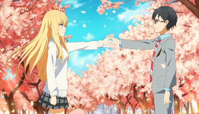 Your Lie in April com Kaori e Kousei se apresentando juntos
