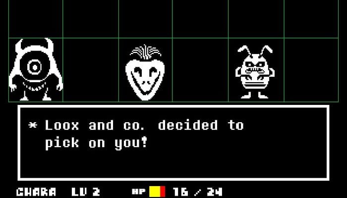 Batalha em Undertale com o menu classico de FIGHT e ACT