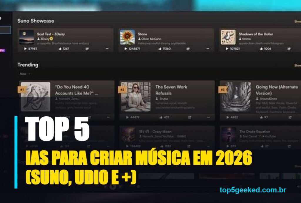 ias para criar música em 2026 (suno, udio e +) - capa do Top 5 Geeked